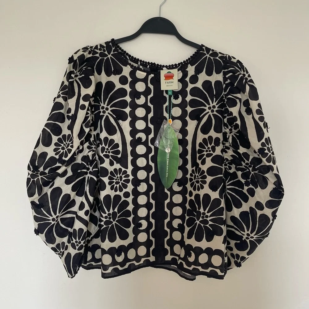 NWT Farm Rio Palermo Anthropology Black & White Floral Puff-Sleeve Women's Top